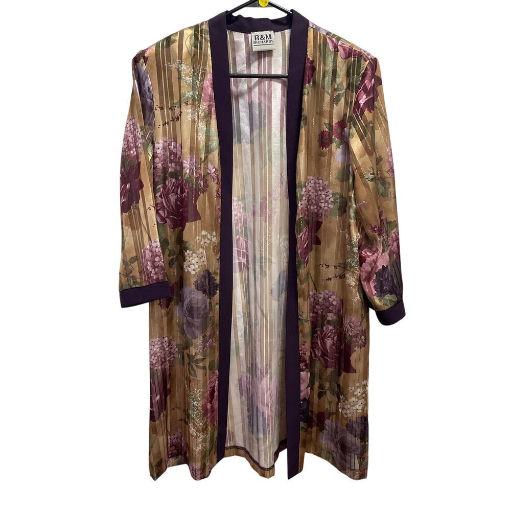 R&M Richards Floral Kimono Duster Cardigan Open Front Boho Purple Gold Long